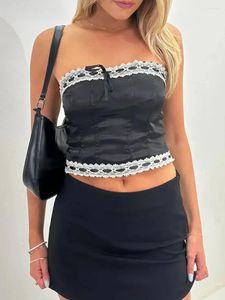 Tanques femininos Mulheres Cetim Lace Trim Tube Top Y2K Strapless Bow Tie Front Crop Color Block Sem Mangas Bandeau Camisa