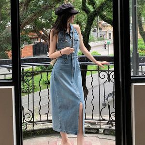 Vestidos casuais moda coreana sem mangas denim vestido mulheres streetwear verão split longo jeans vestidos