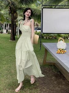 Casual Dresses Women Green Stripes Diagonal Collar Off Shoulder Sleeveless Backless High Waist Party Evening Bandage Slip Long Romantic