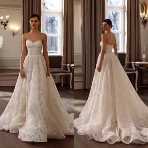 Elegante sem alças vestidos de casamento renda applique vestidos de noiva arco a linha vestidos de noiva sem mangas trem varredura feito sob encomenda mais tamanho