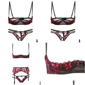 Pigiama sexy 1/4 tazza con ferretto reggiseno aperto slip intimo set donna pizzo ricamo cavallo mutandine Y lingerie L0407 Drop Delivery Appar Dhtn4