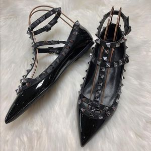 designer sandals shoes summer women shoes pointed toe 2-straps studs flat luxury patent leather rivets women sandal strappy dress shoes black white nude big size 35-43