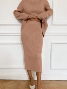 Conjuntos lw plus size size feminino conjuntos combinando gourtleneck knit skirt conjunto de moda de 2pcs conjuntos de saia de suéter de pulôver feminino