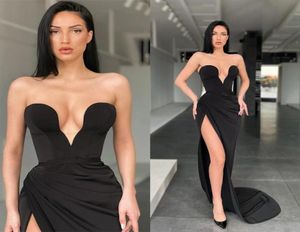 Sexy Plunging V Neck Sweetheart Black Evening Dresses Sleeveless Mermaid FrontSplit SweepTrain Prom Dress Women Occasion Party G6548684