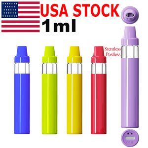 USA STOCK Penna Vape usa e getta 1 ml Sigaretta elettronica 5 colori Pod Olio denso Vaporizzatore rotondo Bobina in ceramica postless Batteria ricaricabile vuota 400 mAh Logo personalizzato senza piombo