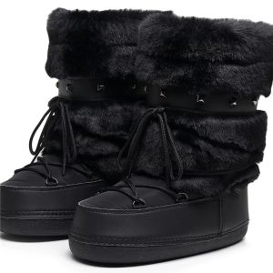 Boots Women Snow Boots Female Rivets Warm Waterproof Platform Black Cotton Boots 2023 Winter Luxury Rabbit Fluffy Furry Fur Boots