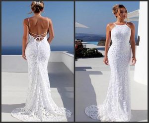 2019 Nya Bohemian Beach Wedding Dresses Spaghetti Backless Mermaid Brudklänningar Sop Train Lace Country Princess Dress for Brides1989542