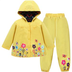 Autumn Spring Children Waterproof Long Sleeve CoatPants 2pcs Flower Print Baby Girls Clothes Toddler Boys Sets Costume 240306