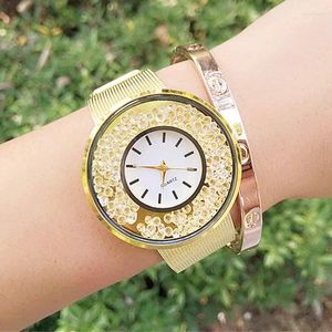 Relógios de pulso moda luxo relógio de ouro mulheres cristal relógios de aço inoxidável malha banda quartzo senhoras montre homme