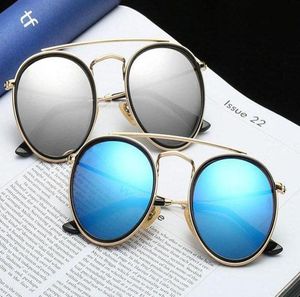Hochwertige Sonnenbrille im runden Stil, Legierung, PU-Rahmen, verspiegelte Glaslinse für Männer und Frauen, Doppelsteg-Retro-Brille mit Paket 2766650