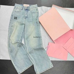 Carta de luxo bordado jeans calças femininas azul em linha reta casual denim designer elegante rua styl jeans