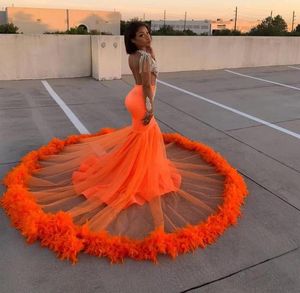 Orange African Prom Dresses Beading Sequined Deep V Neck Feathers Long Mermaid aftonklänning Formella festklänningar Vestidos Plus Size3891101