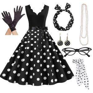 Damen A-Linie Rockabilly Kleid Polka Dots Swing Kleid Flare Kleid mit Accessoires Set 1950er 60er Retro Vintage