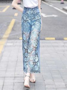 الجينز للسيدات High Pantalones de Mujer Lace Patchwork Hollow Out Fashion الأنيقة الجينز للنساء جميعها مطابقة