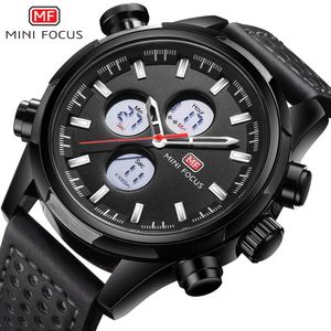 Orologio da uomo sportivo di marca MINI FOCUS modalità doppio display cinturino in pelle impermeabile con luce notturna 0066G