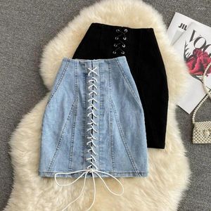 Etekler retro moda denim etek dişi yaz çapraz dantel yukarı ince mini kadın yüksek bel paket kalça kot faldas s1247