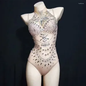 Scenkläder sexig perspektiv kristall leotard kvinnlig sångare dansare strass bodysuit dans kostym kvinnor outfit fest prestanda