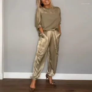 Zweiteilige Damenhose, glattes Satin, kurzärmeliges Oberteil und Hosenanzug, zweiteiliges Set, 2024 Frühling, O-Ausschnitt, Schnür-Outfits, Sommer, weibliche Freizeit