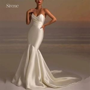 Elegant Beach Pleat Strapless Mermaid Stain Wedding Dress Simple Sweetheart Sleeveless Open Back Floor Length Bridal Gown YD