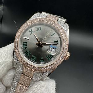 Lyxiga män armbandsur automatisk glans cz diamanter fodral 40mm två ton rosgrå ansikte is av mäns klocka