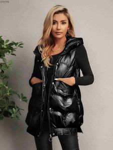 Women's Vests 2023 Fashion Autumn And Winter Sleeveless Patent Hooded Front Zipper Button Details Solid Puffer Coat Outdoor Warm ClothingL2403