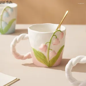 Mugs Creative Relief Lily Of The Valley Ceramic Mug High Beauty Latte Coffee Milk Cup Breakfast Household Water Tea Cups