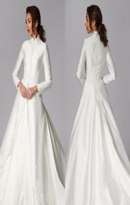 Скромные мусульманские свадебные платья 2020 года с атласными аппликациями и высоким воротом, деревенские свадебные платья с скользящим шлейфом и длинными рукавами, богемная свадьба 4608591
