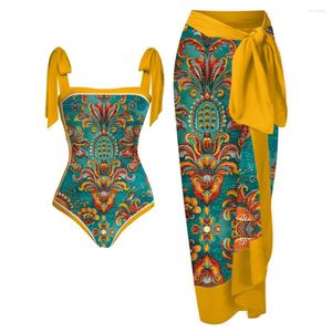 女性用水着花柄のプリントイエロービンテージエレガントなレースアップデザインオールインワンファッション水着と2024年の女性夏のエストスタイルをカバーする