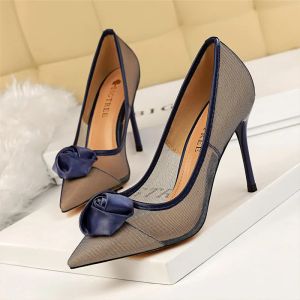 Pumps Women Sexy 9cm High Heels Sandals Wedding Mesh Rose Flower Pumps Lady Lace Breathable Scarpins Royal Blue Stripper Party Shoes