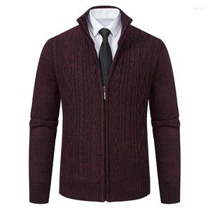 Herrjackor zip upp cardigan tröja kappjackan stativ krage högkvalitet stickat geometriskt mönster avslappnad fast färg outwear