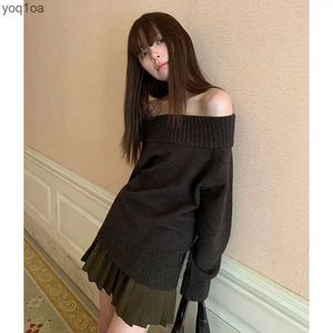 Women's T-Shirt Deeptown Vintage Japanese Style Sweater Women Solid Sexy Off Shoulder Knitwear Y2k Long Sleeve Jumper Slash Neck Causal HarajukuL2403