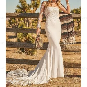 Elegant Mermaid Wedding Dress Square Neck Long Sheer 2024 Backless Applique Lace Bridal Gown Tulle Sweep Train Vestidos De Novia YD