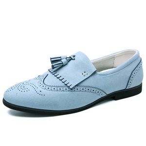 HBP Non-Brand Sky Blue Color Wing Tip snidad Slip på andningsstorlek 38-48 Pointy Toe Wedding Brogue Tassel Loafer Shoes for Men