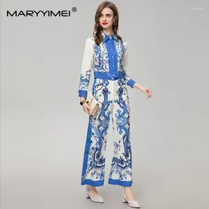 Women's Two Piece Pants MARYYIMEI Fashion Polo Collar Long Sleeved Single-Breasted Printed Chinese-Style Shirt Wide Leg 2-Piece Set