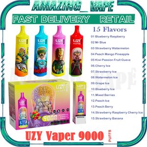 Einzelhandel UZY Vaper 9000 Puff Einweg-E-Zigarette 18 ml Pod Mesh Coil 850 mAh wiederaufladbarer Akku 9000 Puff vorgeladene E-Tintenpatrone 0 % 2 % 3 % 5 % Geschmack der Stufe 15