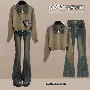 Pantaloni a due pezzi da donna Primavera di fascia alta 2024 Stile nazionale cinese Maglione lavorato a maglia che riduce l'età Top Jeans slim fit Casual Lady Set a due pezzi