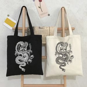 White Dragon Canvas Black Bag Shopper Women Bags Classic Vintage Shoulder Handbag Teacher Supplies Gift 240308