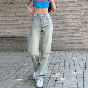 Kvinnors jeans lucyver ljusblå tvättade jeans för kvinnor vintage orolig hög midja denim byxor kvinnliga koreanska streetwear rak pantsc24318