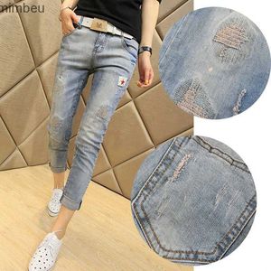 Women's Jeans Y2k2023 New Summer Thin Ripped Jeans Female Nine Points Small Tall Waist Thin Feet Haren Pants TideC24318