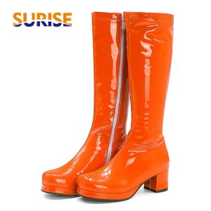 Stövlar 2024 Big Size Women Knee High Platform Boots Orange Red Patent Leather High Square Heels Lady Round Toe Zipper Long Riding Boots