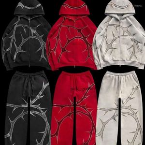 Herrtröjor Sweatshirts Independent Station New Product Thorn Rhinestone Zip Hoodie Winter Y2K Hip Hop Punk High Street Strålen Diamond Hoodie 769