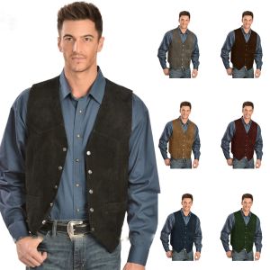 Westen Herren Anzugweste Wildleder V-Ausschnitt 4 Knopfwesten Western Denim Retro Steampunk ärmellose Jacke Weste männlich