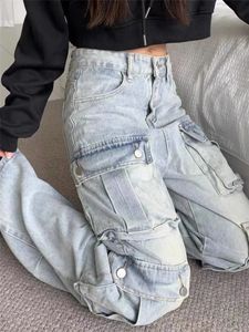 Die Y2K-Overall-Jeans von American Street mit mehreren Taschen haben eine lockere, hohe Taille und eine schmale, gerade Hose mit weitem Bein (240312).