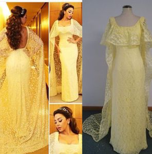 Mayiam Fares Light Yellow celebrity Dresses 2015 With Cape Square Neckline Sheath Evening Gowns with Fixed Cape Real Pos4940271