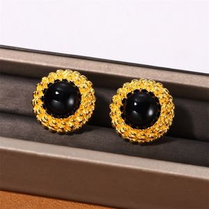 French Vintage Circular Three-Dimensional Inlaid Black Agate Earrings For Women's Light Luxury High-End Charm Jewelry Trend