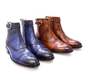 HBP Non-Brand Echtleder-Stiefel mit Schlangenprägung für Herren, Blau, Braun, formelle Stiefel mit Reißverschluss und Captoe