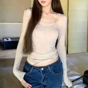 Women's T Shirts 2024 Spring High Street Solid Color Casual Long-sleeved T-shirt Women Sexy Slim All Match Camisole Two-piece Suit