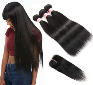 10A Brazilian Hair 4 Bundles With Closure Brazilian Virgin Straight Hair Extensions Human Hair Bundle With Lace Closure3391906