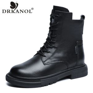 Boots DRKANOL High Quality Genuine Leather Boots Women Fashion Trend Lace Up Side Zipper Waterproof Warm Flat Heel Short Ankle Boots