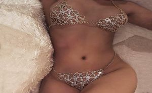 Crytal Bikini Body Belly Chain Harness for Women Sexig underkläder Bling Rhinestone BH och Thong Set Jewelry8357602